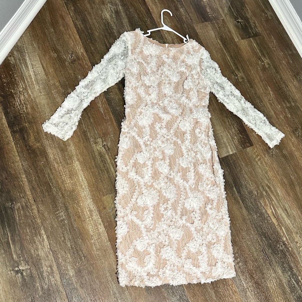STUNNING nude dress with white floral lace. Size large